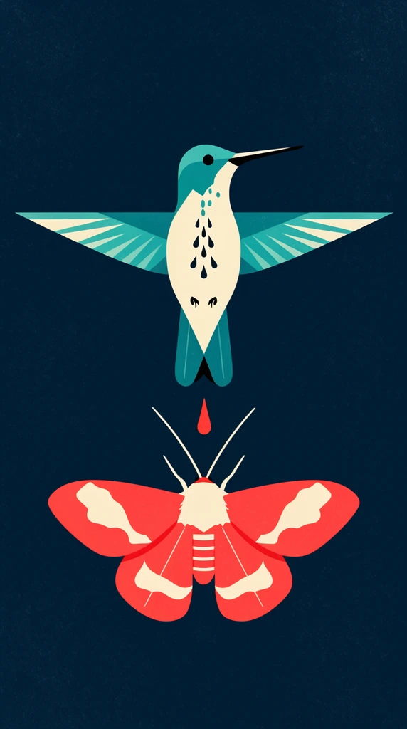 A symmetrical flat vector illustration of a teal and cream hummingbird hovering above a bright coral-red moth against a dark navy background. The geometric bird features horizontally outstretched wings and dark teardrop shapes descending its pale belly. Below, the moth displays bold cream wing patterns and long white antennae reaching toward a single red drop. The minimalist composition features a subtle grainy vintage texture.