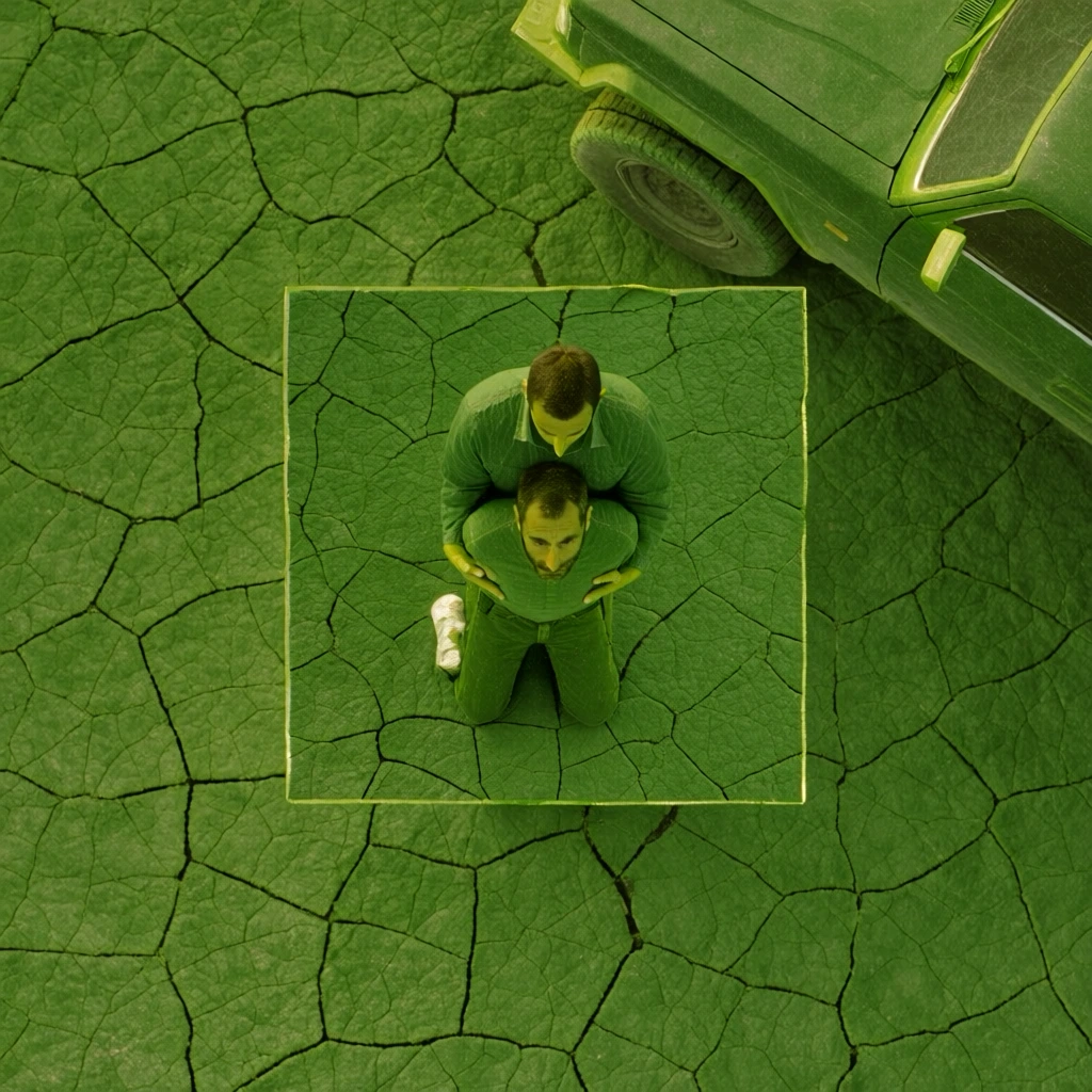 extreme top-down orthographic view of a standing man holding a kneeling man on a parched dirt floor adjacent to a rugged vehicle, rendered in a monochromatic viridian and forest green palette, clinical flat lighting emphasizing gritty micro-textures and cracked soil, central square geometric displacement mirroring a cut-and-rotated segment, heavy analog film grain, matte organic finish, surveillance-inspired documentary aesthetic, high-signal green tonal range.