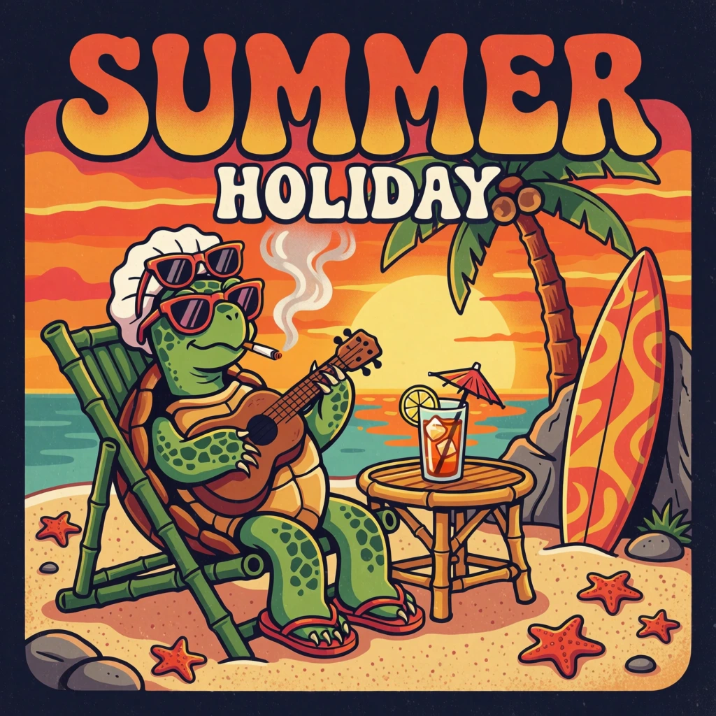 A vibrant, retro-style illustration features an anthropomorphic green turtle lounging on a tropical beach at sunset while playing a ukulele. The central turtle character has green, spotted skin, a white ruffled hairpiece, and wears two pairs of sunglasses—one dark pair over its eyes and a red pair perched on its head. It sits in a green bamboo lounge chair, holding a brown ukulele, with a lit cigarette in its mouth from which a swirl of white smoke rises. The turtle wears red flip-flops on its feet. To its right, a small round bamboo table holds a tall glass of iced tea garnished with a lemon slice and a red cocktail umbrella. A patterned orange and yellow surfboard leans against a grey rock formation nearby. Behind the turtle, a tall palm tree with a textured brown trunk and green fronds stands against a dramatic sunset sky filled with horizontal bands of orange, yellow, and red. A large, glowing yellow sun sits low on the horizon over calm teal water. The sandy foreground is dotted with several red starfish and small grey stones. At the top of the image, the word "SUMMER" is written in large, bubbly, orange-to-yellow gradient letters, with the word "HOLIDAY" in a smaller, off-white block font directly beneath it. The entire artwork is framed by a dark navy blue border and characterized by thick black outlines and a grainy, vintage texture, creating a psychedelic, cartoonish aesthetic with a warm, saturated color palette.