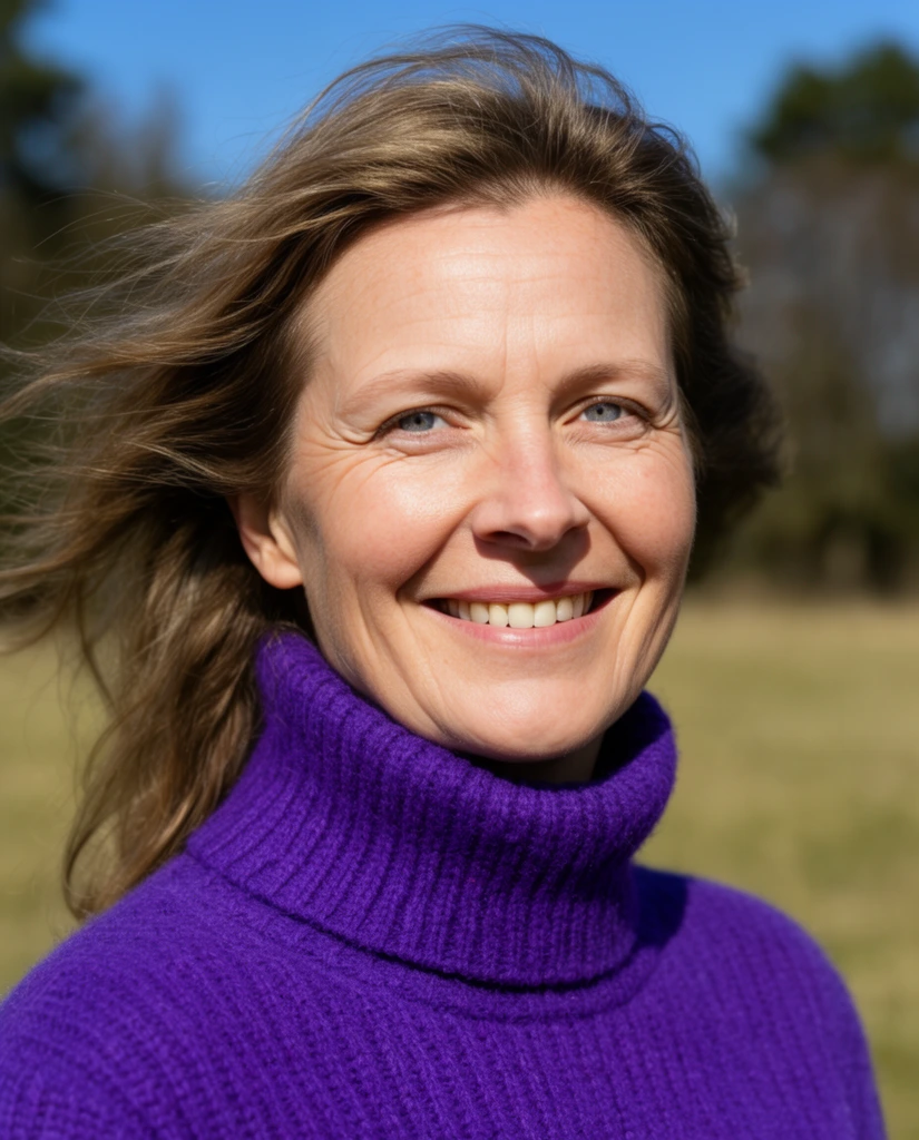 medium close-up portrait of a smiling middle-aged woman wearing a vibrant purple knitted turtleneck sweater, windswept light brown hair blowing backward, fair skin with natural laugh lines, light blue eyes, bright sunlight casting shadows on the right side of her face, shallow depth of field, blurred outdoor background, dry yellowish-green grass, dark out-of-focus trees, clear blue sky, photorealistic portrait photography