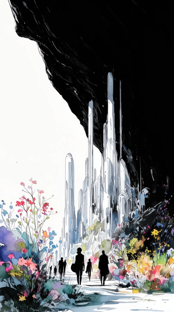 massive black overhanging cliff, futuristic white crystalline towers, silhouetted figures walking below, vibrant watercolor flora, stark white sky, high contrast ink illustration