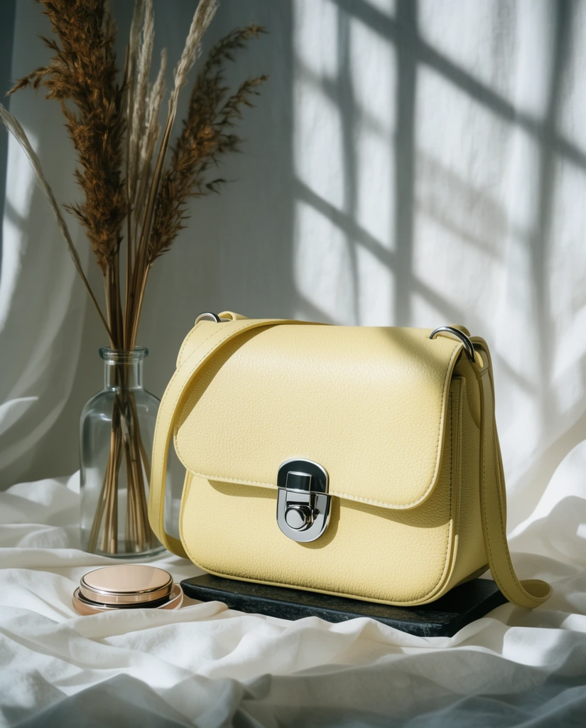 A pale yellow textured leather shoulder bag with a silver clasp rests on a dark base against draped white fabric. A glass bottle holding dried reeds and a small round compact sit nearby. Strong sunlight casts sharp geometric window shadows across the elegant still-life scene.