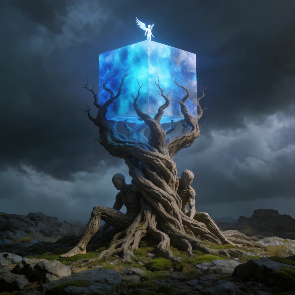 twisted tree merging with two bark-skinned humanoids, glowing blue translucent cube topped by a tiny winged silhouette, rocky mossy terrain, dark stormy sky, surreal photorealistic digital art