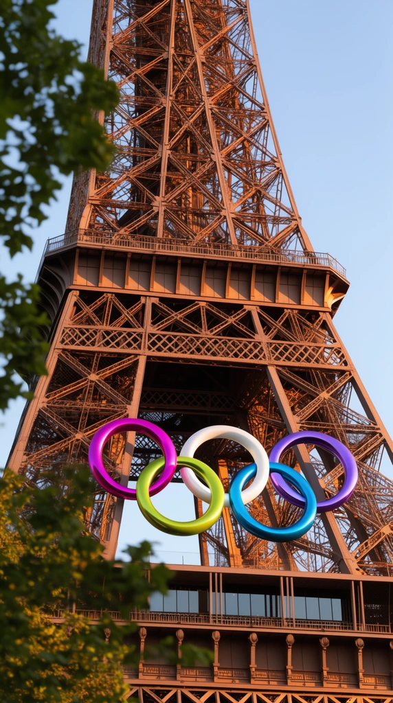 A low-angle view of a monumental iron lattice tower bathed in warm golden hour sunlight. Five massive interlocking metallic rings painted in vivid magenta, cyan, chartreuse, white, and violet hang from the intricate steel beams of the lower deck. The complex architectural trusses glow bronze against a clear pale blue sky, framed by out-of-focus green foliage in the left foreground.