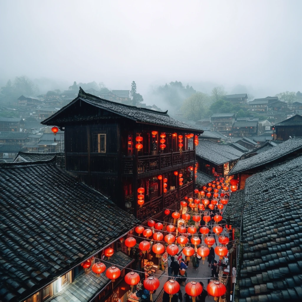 Panoramic elevated view of a misty hillside village centered on a dark wooden multi-story building adorned with glowing strings of vibrant red paper lanterns. The radiant lanterns stretch across a narrow, bustling pedestrian alleyway. Sloped rooftops featuring dark curved tiles cascade through the foreground against a pale overcast sky and fog-draped distant hills, contrasting the cool atmospheric dampness with warm illumination.