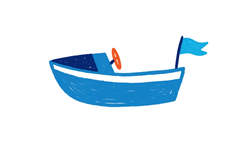 Cute, simple illustration, modern style, playful and fun, white background child art style, in a blue color scheme of a motor boat