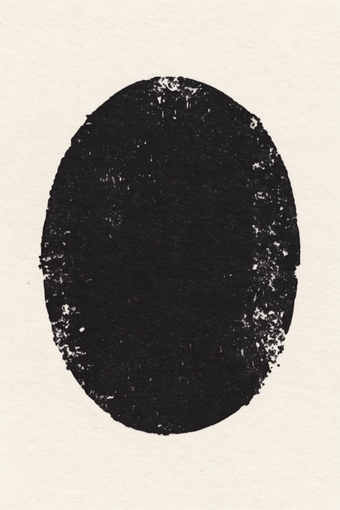 A stark, charcoal-black oval shape is centered on an off-white, fibrous paper background. The dark geometric form features irregular, rough edges and a highly distressed surface resembling a weathered ink stamp. Tiny flecks and eroded speckles break the solid color, revealing the warm canvas texture beneath. The minimalist, monochromatic composition highlights the contrast between the bold geometric silhouette and the rustic, imperfect printmaker aesthetic.
