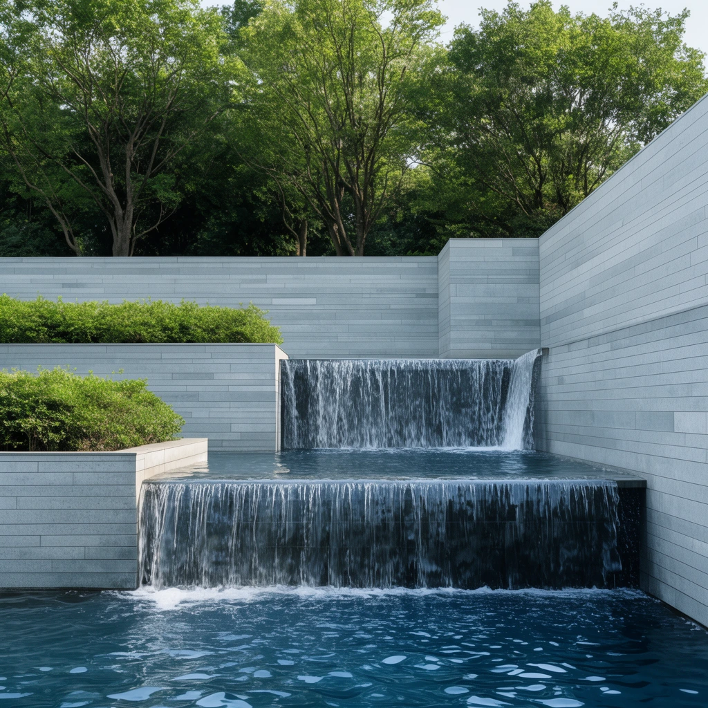 modern architectural two-tiered waterfall, cascading into a dark blue pool, light grey horizontal stone tile walls, stepped geometric design, lush green bushes in mid-level planters, dense tall trees in the background, daylight, rippling water surface, photorealistic architectural landscape photography, crisp textures, serene atmosphere