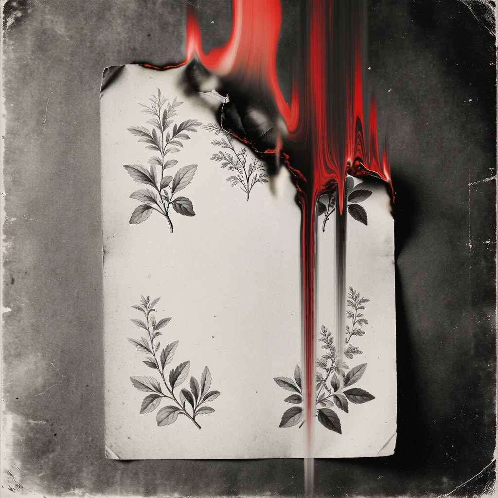 vintage found photography, high grain, distressed texture, black and white film stock, a single sheet of aged parchment with delicate botanical plant drawings, burning from the top edge, surreal digital glitch effect where the charred embers melt into long vertical pixel-sorted streaks of saturated fiery red and deep charcoal, minimalist centered composition, soft vignetting, dark moody atmospheric lighting, surrealist aesthetic, experimental brand agency graphic design style