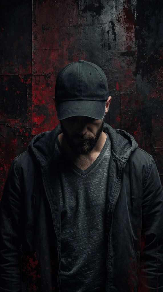 A dramatic portrait of a bearded man facing downward against a heavily textured, dark red and black grunge background. Positioned centrally, his facial features are mostly in shadow beneath a dark baseball cap pulled low and a dark grey hooded jacket worn over a heathered grey v-neck t-shirt. Moody, high-contrast lighting casts deep shadows across his upper face, subtly highlighting his lower jaw and chest. The backdrop features abstract, weathered layers resembling distressed metal and deep crimson paint splatters. The low-key lighting and intense, urban atmospheric aesthetic emphasize a sense of profound mystery and emotional weight.
