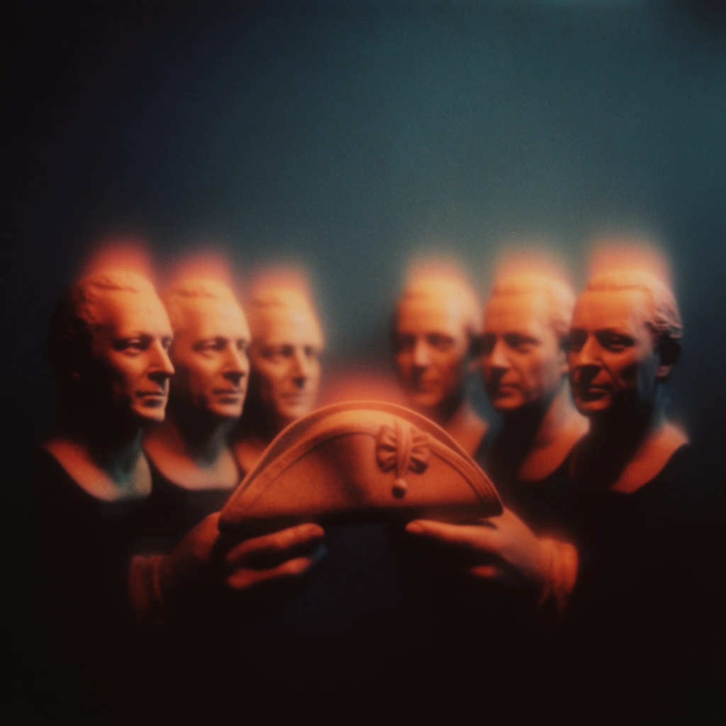 Six sculptural busts of a man positioned alongside two hands holding a tricorne hat, rendered in a softly focused, vintage analog photography style. A highly localized, ethereal warm amber and reddish-orange spotlight illuminates the subjects from above, creating a distinct, glowing halo fringe along their top edges. The warmly lit busts, hands, and hat contrast sharply against a minimalist, murky dark cyan and deep blue gradient background. Deep shadows obscure the lower portion of the composition, grounding the elements in absolute darkness. The scene features a dreamy, hazy pictorialist aesthetic characterized by heavy film grain, pronounced optical lens blur, soft vignetting, and a low-key exposure that blends the edges of the forms seamlessly into the surrounding atmospheric shadow.