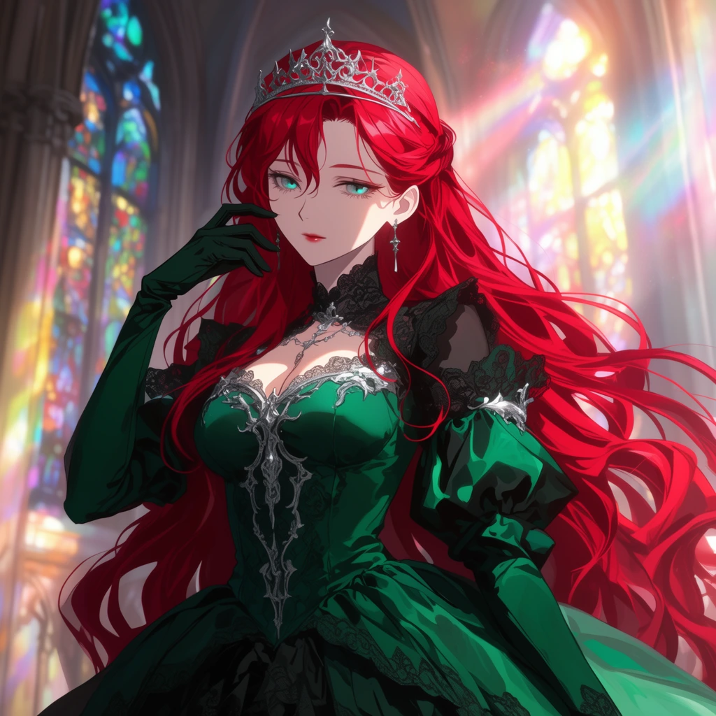 Anime-style illustration of a woman with flowing crimson hair and a silver tiara. She wears an emerald green gothic gown with silver lace, delicately touching her face with a gloved hand. She stands in a sunlit cathedral framed by stained glass windows. Ethereal lighting casts colorful beams. Medium shot, soft atmospheric glow.