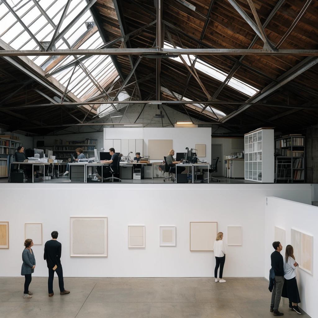 split-level industrial studio and white art gallery, upper mezzanine office with workers at desks, lower gallery with people viewing minimalist wall art, exposed steel roof trusses, skylights, wide-angle architectural photography, bright natural light