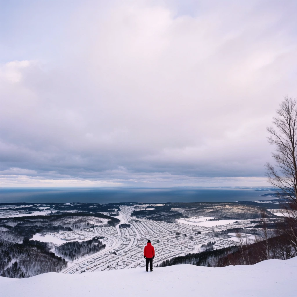 A solitary figure in a bright red winter jacket stands on a snowy ridge overlooking a sprawling winter panorama. Below, a vast snow-covered town is interspersed with dark patches of forest and winding roads. In the far distance, a deep blue body of water spans the horizon beneath a massive overcast sky tinged with pale lavender and grey clouds. A tall, bare tree frames the right edge of the stark white foreground. The wide-angle photography emphasizes the immense scale of the landscape, sharply contrasting the vibrant red focal point against the expansive, cool-toned environment.
