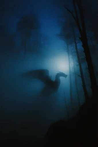 Nocturnal Cyanotype Noir style reference image — dense volumetric fog