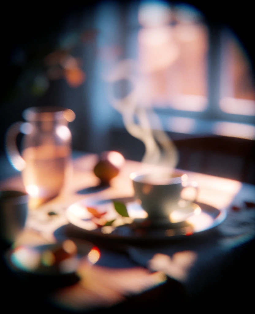 extreme soft focus, heavy gaussian blur, deep vignette framing a central warm peach and amber glow, lo-fi film grain, visceral digital noise, one cup of steaming liquid on a saucer with scattered leaves on a wooden table, impressionistic silhouettes, light leak aesthetic, chromatic aberration on edges, cool-toned shadows, ethereal dreamlike atmosphere, obscured organic forms, macro perspective, high-contrast chiaroscuro, soft-edged bokeh, heat-mapped color bleeding.