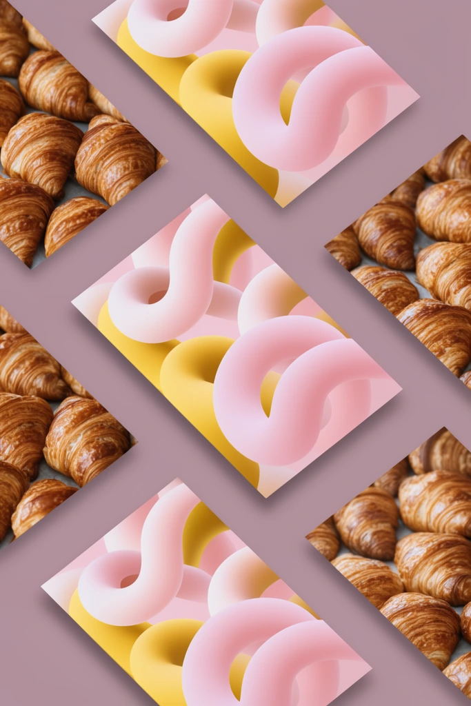six angled rectangular cards arranged in a diagonal grid on a solid muted mauve background, alternating designs of abstract 3D swirling pastel pink and golden-yellow tubular shapes, and close-up photography of golden-brown croissants, modern graphic design mockup, soft diffused lighting, subtle drop shadows, top-down perspective, clean minimalist layout