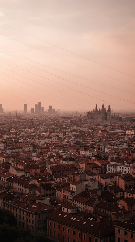 sprawling city skyline at dusk, vast grid of terracotta-roofed buildings, hazy rose-gold atmosphere, distant modern skyscrapers, multi-spired cathedral on the right, thin power lines cutting diagonally across a pale warm sky, sepia color grading, ultra-wide cinematic panorama, high angle
