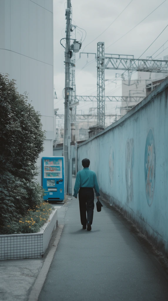 A person viewed from behind walks down a narrow urban alleyway flanked by a pale blue concrete wall and a modern white building. The figure wears a teal long-sleeved shirt tucked into dark trousers and carries a black bag. On the left, a tiled planter with dense green foliage and small yellow flowers sits beside a bright blue vending machine and a tall utility pole tangled with wires. To the right, the long concrete wall features faded circular murals, sitting beneath complex metal railway structures that crisscross against an overcast sky. The cinematic composition utilizes a desaturated, cool color palette, soft diffused daylight, and deep depth of field to emphasize the strong converging perspective lines of the quiet street.