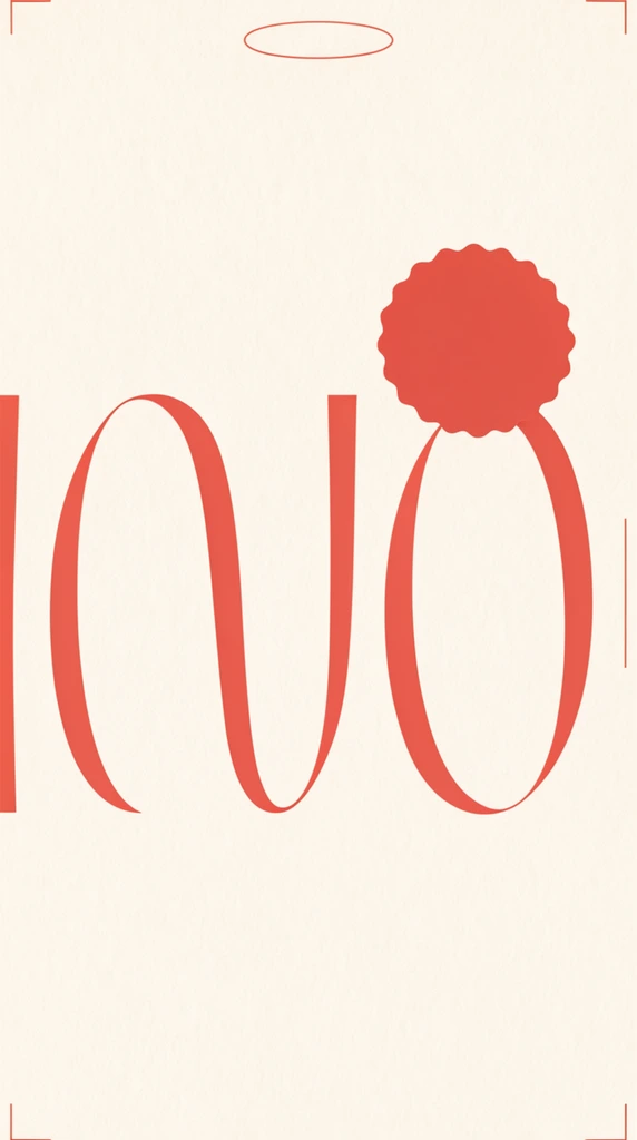 A minimalist graphic composition presented on a subtly textured, off-white background resembling fine art paper. A prominent sequence of large coral-red shapes dominates the center, featuring contrasting thick and delicate curvilinear strokes. A solid coral-red scalloped circular badge provides a bold visual anchor in the upper right quadrant. A thin, horizontally elongated coral-red oval outline hovers in the upper center. Minute coral-red linear markings border the extreme margins, creating a balanced, structured framework. The flat orthographic aesthetic utilizes a refined two-tone color palette of warm ivory and rich terracotta red, emphasizing stark geometric simplicity and soft, uniform lighting.