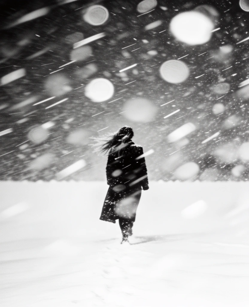 A solitary silhouetted figure dressed in a long, dark coat walks away from the viewer into a dense, ethereal snowstorm within this monochrome image. The figure is positioned centrally, with long hair blowing toward the left and legs visible in a walking motion at the bottom of the frame. The scene is divided horizontally between a bright, featureless white ground in the lower section and a dark, heavily textured sky above. Large, soft white bokeh circles and sharp diagonal streaks of motion-blurred snow permeate the entire frame, creating a sense of heavy snowfall and wind. The photography style is grainy and impressionistic, characterized by high contrast and a shallow depth of field that obscures background details. The perspective is at ground level, looking toward the figure as they disappear into the white mist. Light is diffused, reflecting off the snowy ground and catching the individual falling flakes against the dark upper background.