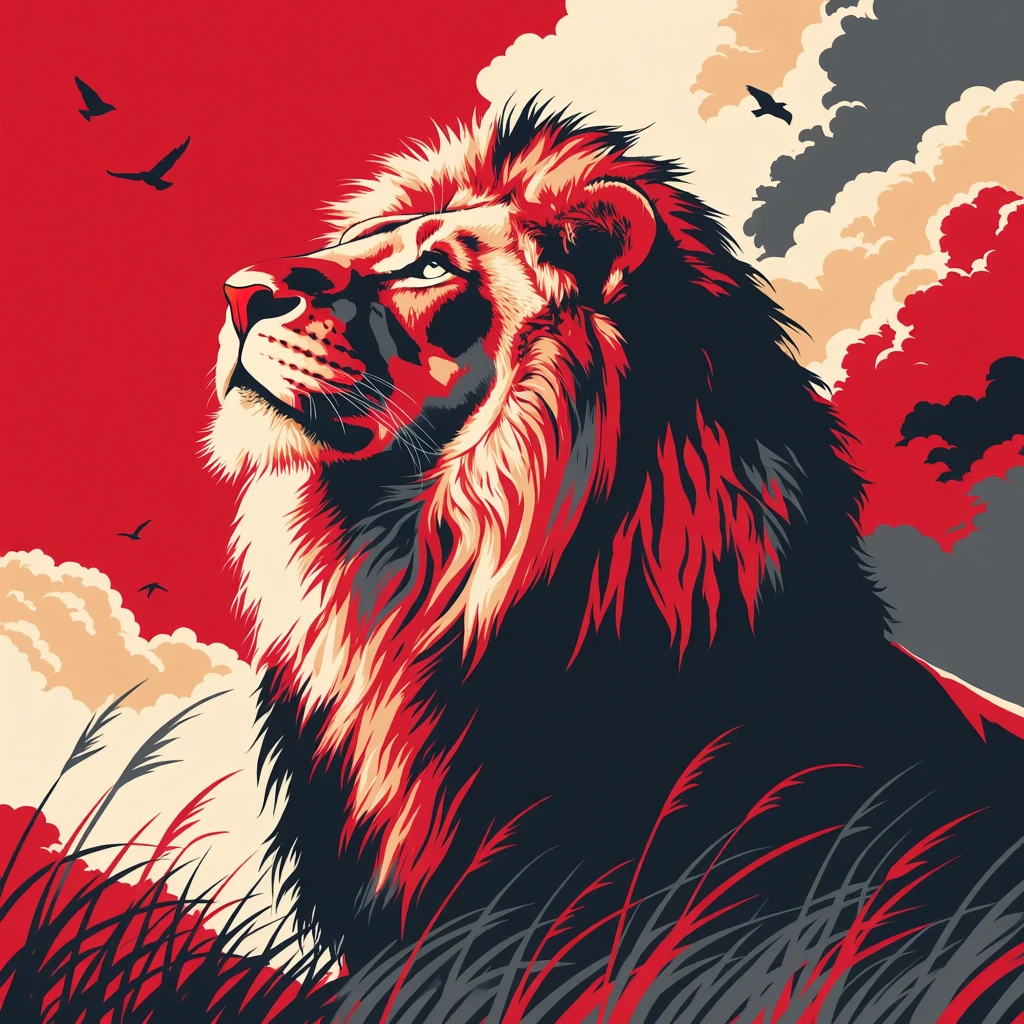 Graphic vector illustration of a lion in profile looking upwards, utilizing a bold tri-color palette of cream, crimson, and dark grey. High-contrast, color-blocked shadows define the mane against dramatic billowing clouds, flying bird silhouettes, and foreground grass in a striking poster style.