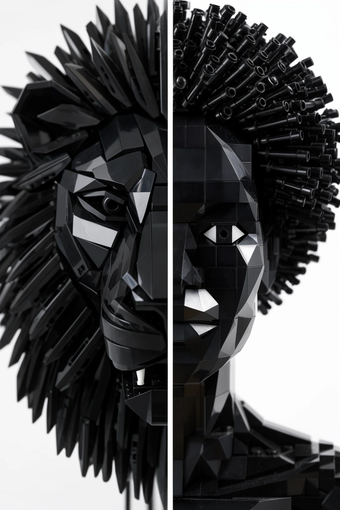 diptych of glossy black interlocking plastic brick sculptures, intricate geometric lion mask with sharp layers on left, faceted human bust with cylindrical rod hair on right, stark white background, high contrast studio lighting