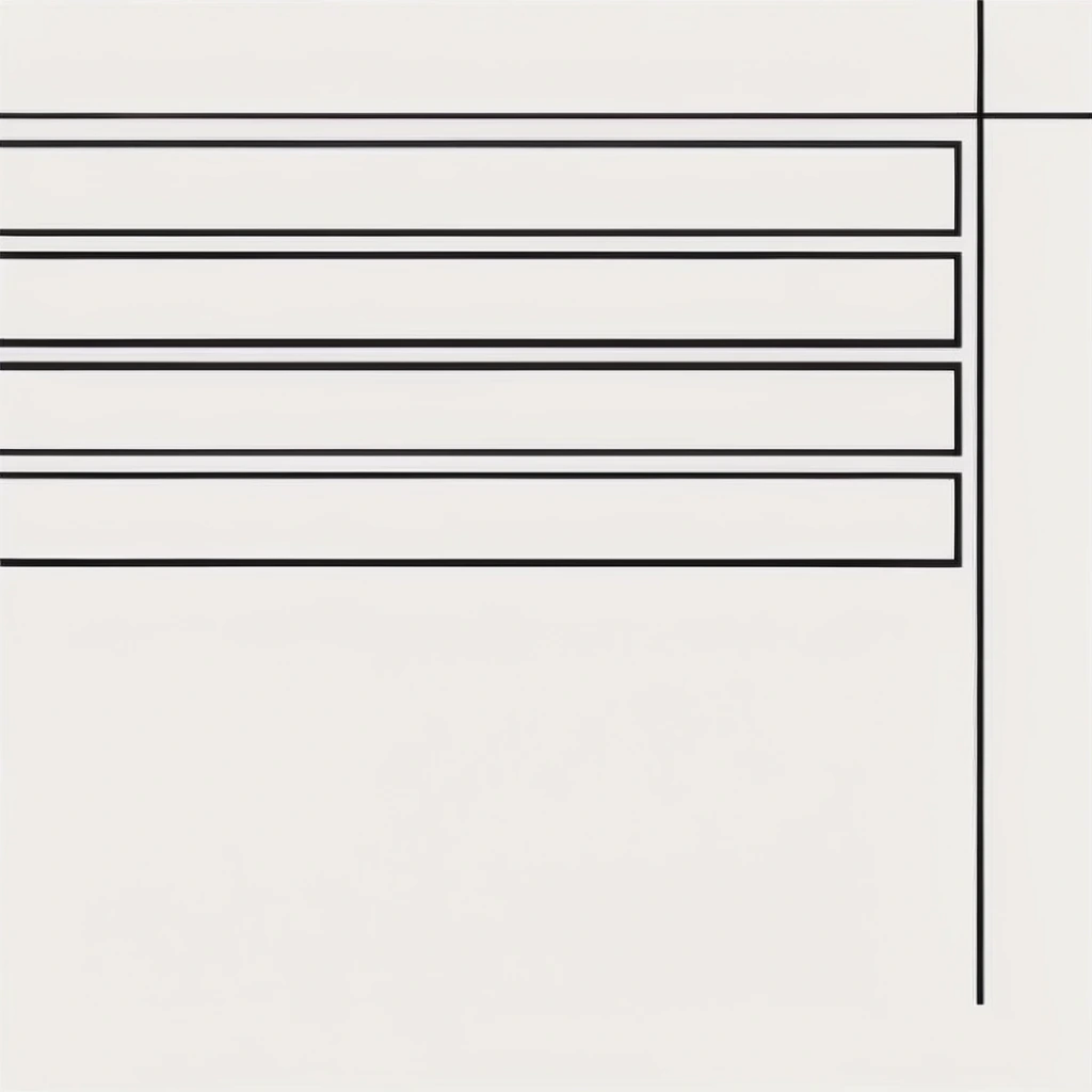 A stark, minimalist geometric composition on an off-white background. Thin, horizontal black lines traverse the upper half, forming a vertical stack of open rectangular bands. A delicate cross of perpendicular lines sits in the extreme upper right. Vast negative space dominates the lower half, establishing a crisp, high-contrast monochrome structural balance.
