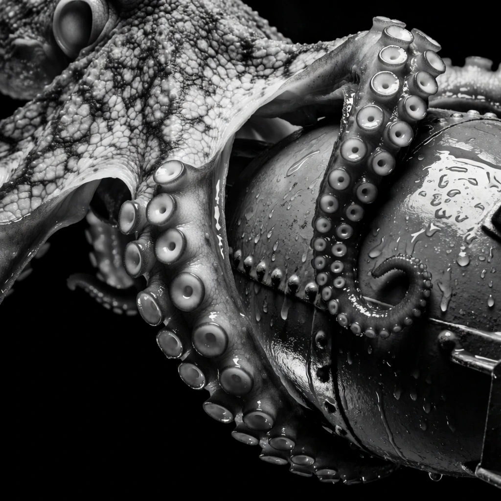 black and white high-contrast macro photography, deep blacks and brilliant highlights, a massive octopus with intricate veined skin wrapping muscular tentacles around a spherical naval bomb, dynamic explosive water splashes mimicking organic branching patterns, dramatic lighting highlighting wet textures and suction cups, bold serif typography below reading "war army kraken", gritty film grain, cinematic center-weighted composition, industrial versus biological juxtaposition