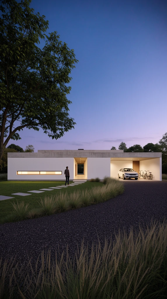 A sprawling single-story minimalist house with bright white walls and a flat exposed concrete roof stands under a gradient blue and purple twilight sky. Warm artificial light radiates from a long horizontal slit window and an open right-side carport sheltering a white vehicle and bicycles. A lone figure follows a stepping-stone path across a manicured green lawn toward a central breezeway entrance. A curving dark gravel driveway, tall ornamental grasses, and a large leafy tree frame the stark architectural geometry against the serene evening landscape.