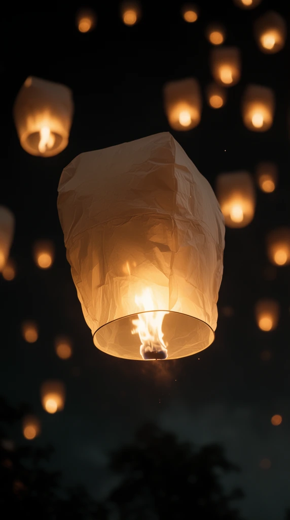 glowing translucent paper sky lantern in sharp focus, warm internal fire radiating through thin off-white paper, floating upwards against a dark night sky, shallow depth of field, surrounded by out-of-focus floating lanterns creating soft amber bokeh, faint dark silhouettes at the bottom edge, cinematic lighting, high contrast golden firelight against deep shadows, ethereal nighttime atmosphere