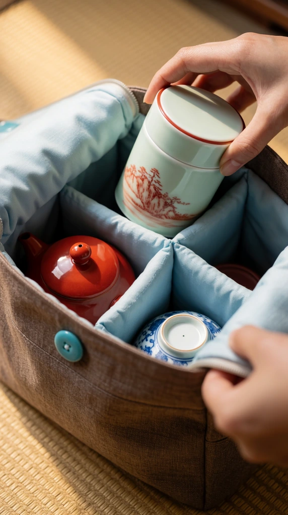 top-down close-up, hands placing a pale green ceramic tea canister with a red landscape motif into an open brown linen travel bag, light blue padded interior dividers hold a glossy red teapot and a blue-and-white teacup, turquoise round button closure, warm natural lighting, woven tatami mat background, shallow depth of field