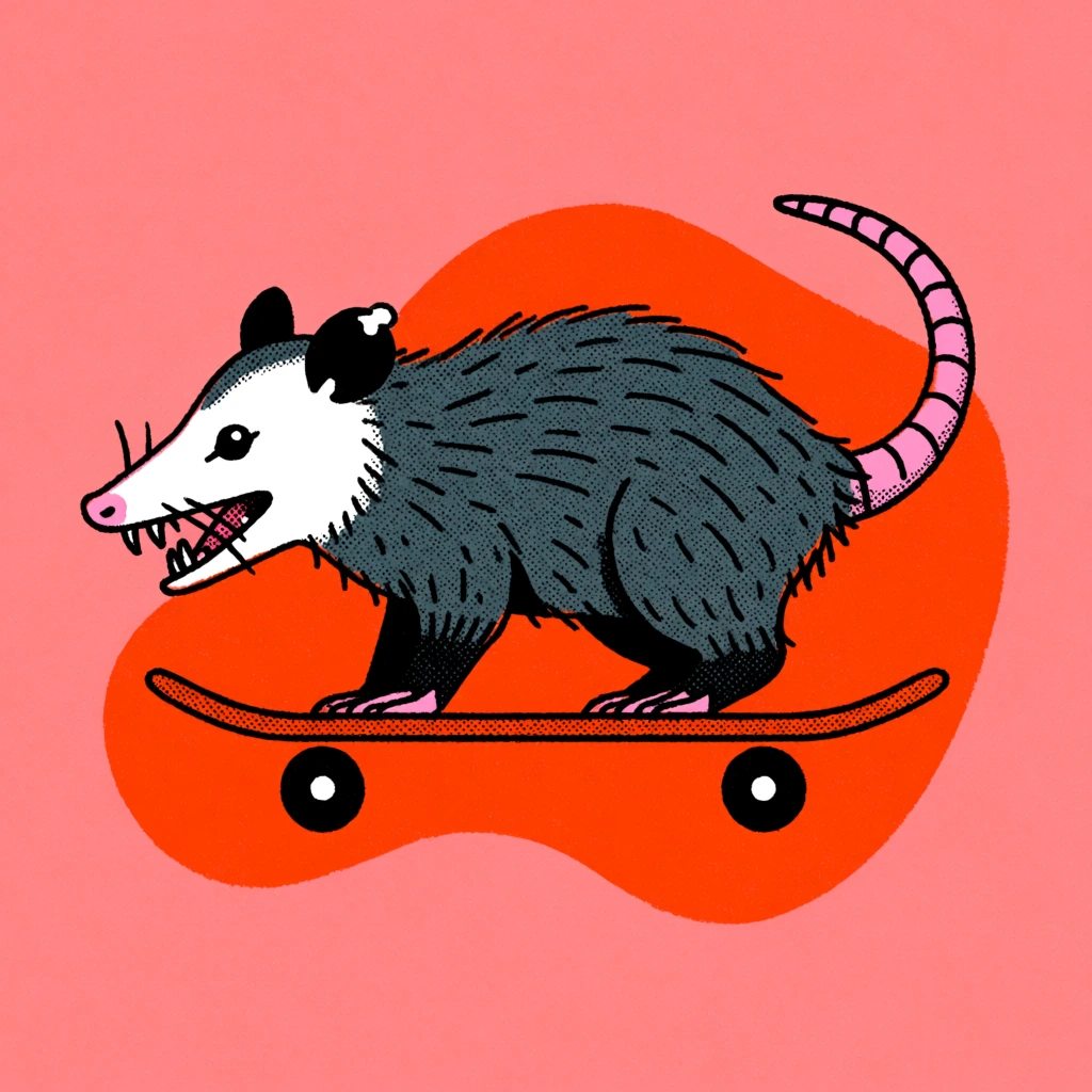 stylized illustration of an opossum riding an orange skateboard, side profile view, dark grey body, bright white face, pink nose, open mouth displaying sharp teeth, pink segmented tail, black skateboard wheels, placed over an irregular vibrant orange blob, solid salmon pink background, risograph print aesthetic, prominent stippling and halftone dot shading texture, bold black outlines, retro pop-art style, flat coloring