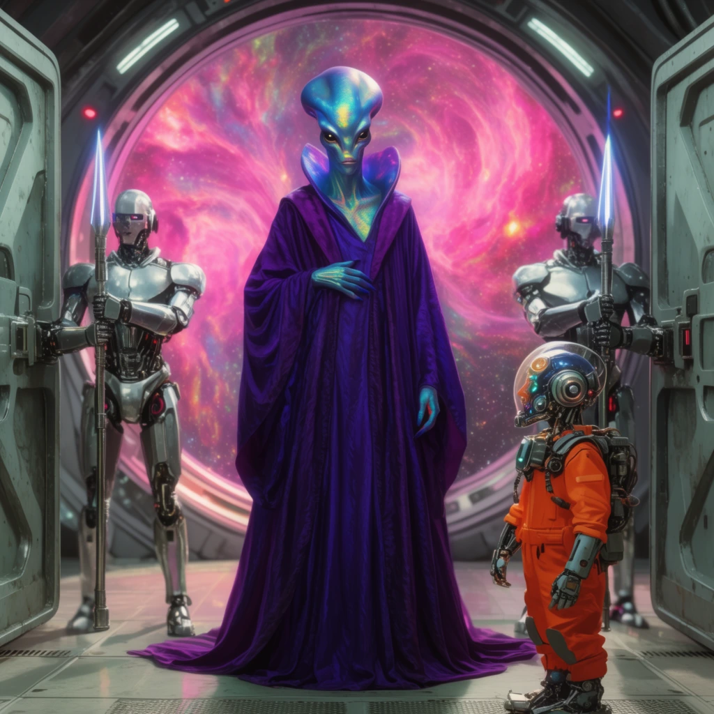 An imposing alien ambassador with iridescent blue skin and flowing deep purple robes stands center within a glowing airlock. To the right, a diminutive cyborg mechanic in a bright orange jumpsuit faces the ambassador in profile. Two silver-plated robotic guards stand at attention behind them, holding energy pikes while pushing open heavy blast doors. A circular observation window frames a swirling neon-pink nebula. Rendered in vibrant technicolor with high-contrast cinematic lighting, widescreen framing, and a retro-futuristic sci-fi aesthetic.