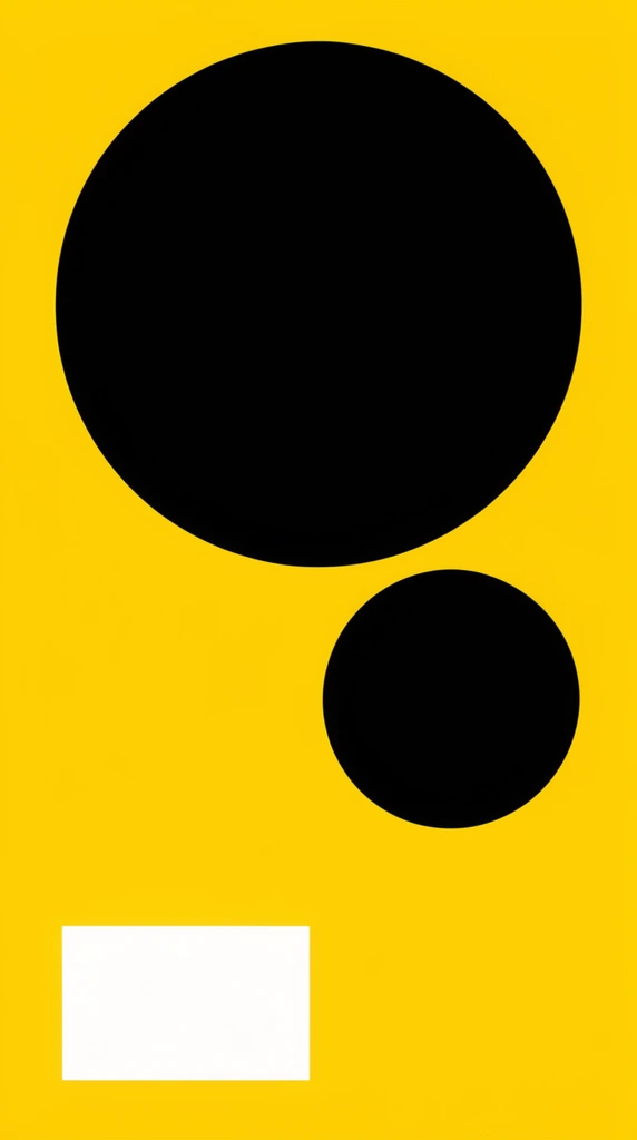 minimalist geometric layout, solid bright yellow background, large solid black circle, smaller solid black circle below, small white rectangle in bottom left, stark high contrast, asymmetrical composition, flat vector graphic design