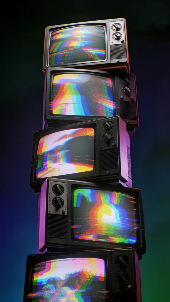 stacked vintage CRT televisions with glitch screens, digital art, cyberpunk eerie retro vibe