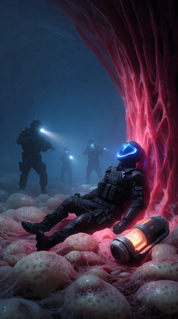 A fallen soldier in black tactical gear and a glowing blue visor slumps against a fleshy red organic pillar. A cylindrical device with a glowing orange core sits nearby among pale, web-covered alien pods. In the misty dark blue background, three armed soldiers sweep the cavern with rifle flashlights. The sci-fi scene contrasts deep ambient blues with visceral glowing pinks.