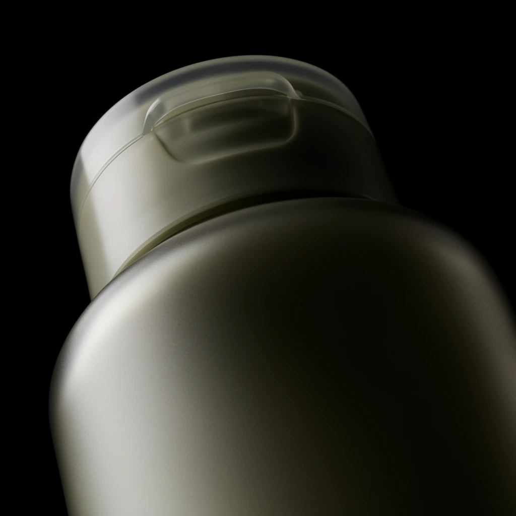 extreme close-up of a sleek cosmetic bottle, frosted matte surface, translucent plastic flip-top cap, low angle perspective, stark pure black background, dramatic low-key lighting, soft diffused highlight on the left contour, deep sweeping gradient shadow across the right side, monochromatic muted olive and grey tones, high-end minimalist product photography, smooth texture, macro framing, moody studio lighting