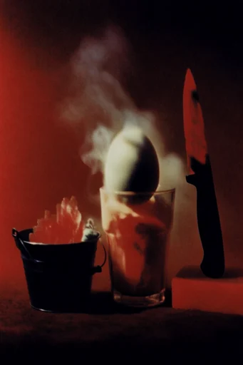 Crimson Spectral Noir style reference image — heavy analog film grain