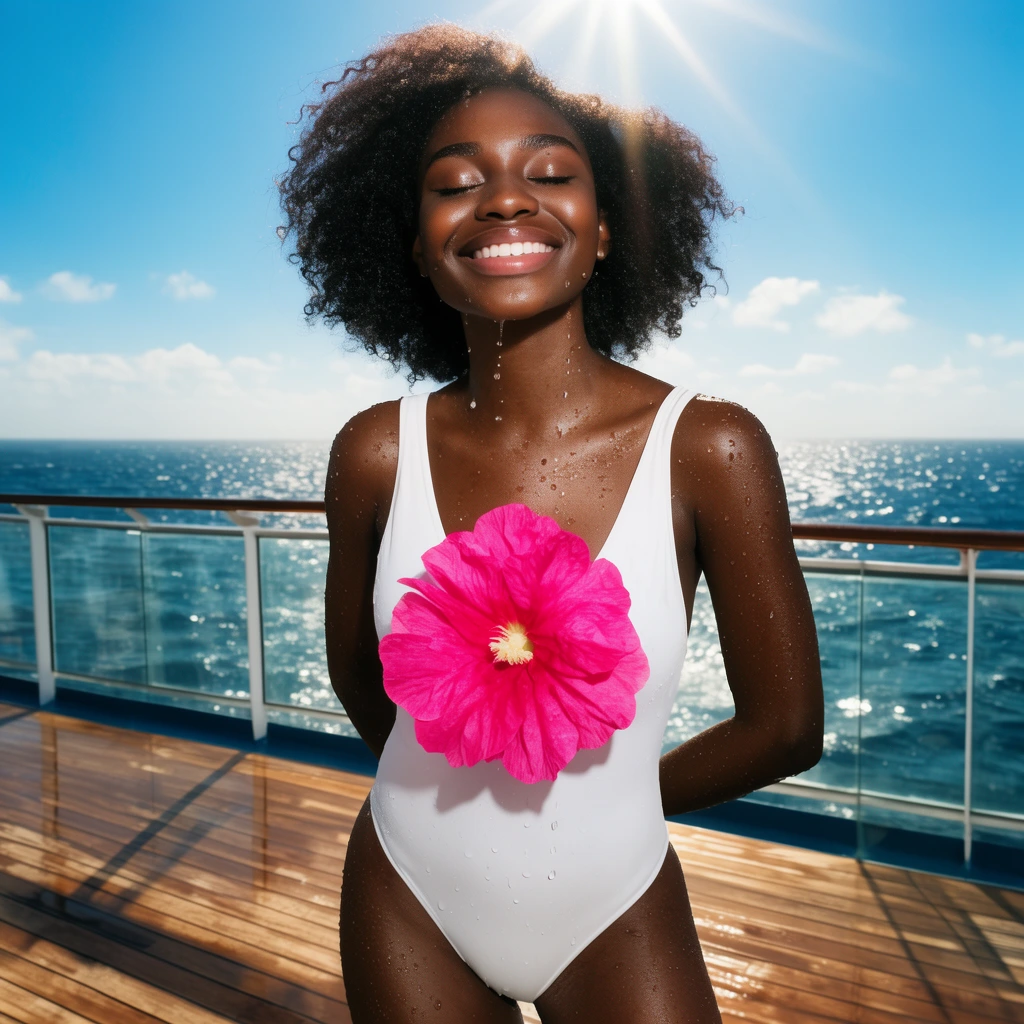 A radiant young Black woman smiles with closed eyes on a wooden ship deck, wearing a white swimsuit with a large vibrant pink flower. Water droplets glisten on her skin as she poses by a glass railing overlooking the sparkling ocean under a bright, sun-flared blue sky.