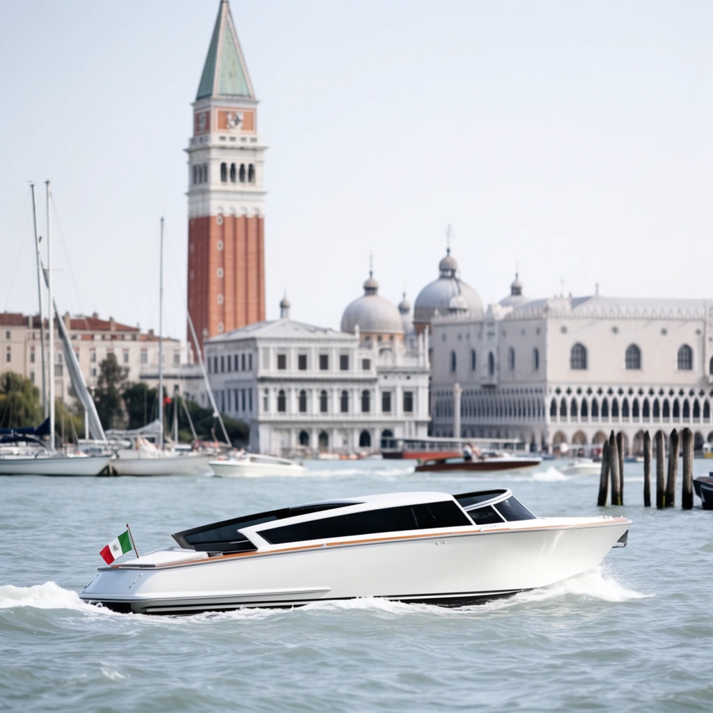 A sleek, modern white speedboat with dark tinted windows and wood trim cruises across choppy, pale blue water in the foreground, creating a white wake. A small Italian flag is mounted on its stern. In the softly focused background, the iconic architecture of Venice rises along the waterfront under a clear, pale sky. Prominent structures include a tall, brick-red campanile with a pointed green spire, and a grand, multi-tiered white building with arched arcades and domes. Several other boats, including sailboats with masts, are docked or moving near the shore. Wooden pilings protrude from the water on the right.