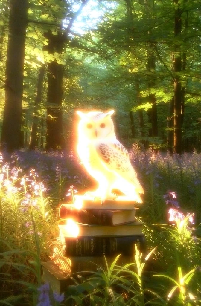 an owl figurine sitting on top of a stack of three books, centered in a dense forest glade, 2000s era low-resolution point-and-shoot digital aesthetic, extreme overexposed highlight bloom turning the central subject into a radiant white silhouette, harsh solar halation, golden hour dappled sunlight through canopy, lush green foliage and field of purple wildflowers, heavy digital sensor noise, low dynamic range, warm color temperature, dreamy lo-fi atmospheric haze, soft focus