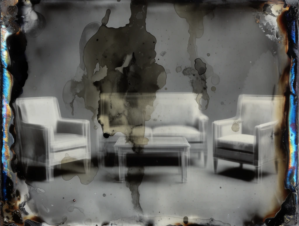 Two armchairs flanking a central sofa and a coffee table rendered in a distressed, ghostly alternative photographic process resembling a heavily damaged wet plate collodion or emulsion transfer. The ethereal, soft-focus furniture appears slightly translucent and blurred against a muted, monochromatic grayscale environment. Large, dark, uneven chemical stains and organic, liquid-like emulsion streaks cascade across the central composition, selectively obscuring parts of the seating arrangement. The extreme left and right vertical edges of the physical frame exhibit severe chemical burns and scorch marks, displaying sharp, vivid bands of metallic iridescent blue, charred black, and deep sepia framing the interior scene. The visual treatment is deeply moody and highly textured, characterized by silver-gelatin tones, prominent water spots, uneven darkroom development artifacts, and a spectral haze that degrades the structural clarity of the furniture.