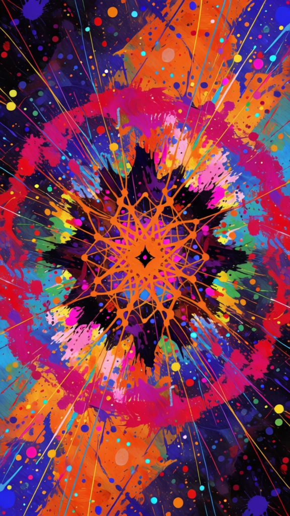A vibrant, multi-layered abstract digital painting features an explosive, radial composition dominated by a central star-like form surrounded by chaotic splashes of color. At the exact center, a tiny black diamond shape serves as the focal point, from which thin, orange, interconnected lines radiate outward in a complex, geometric web. This central orange structure is layered over a jagged, dark purple and black burst that resembles a starburst or ink blot. Surrounding this central core is a large, circular halo of textured magenta and red strokes, resembling a cosmic nebula or a massive paint splash. The background is a dense tapestry of contrasting colors, including deep indigo, bright orange, and electric blue, filled with scattered splatters, thin streaks, and small circular dots that look like droplets of paint. Thin, needle-like lines in yellow, blue, and white erupt from the center, crossing through the various layers and extending toward the edges of the frame. The overall style is maximalist and energetic, characterized by a high-contrast color palette, heavy digital brushwork, and a lack of traditional depth, creating a flat yet intensely textured visual field. The lighting appears internal, with the brightest colors concentrated in the central orange webbing and the surrounding magenta ring, while the corners of the vertical composition are darker and more shadowed.