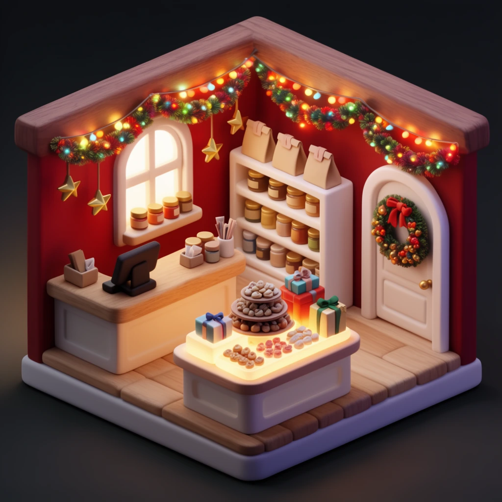 Isometric 3D diorama of a festive shop interior featuring smooth clay-like rendering and deep red walls. A central illuminated display table holds stacked treats beside wrapped presents. A main counter and white shelving display assorted jars and paper bags. Cozy warm lighting illuminates hanging gold stars, glowing colorful holiday garlands, string lights, and a decorative wreath on a white arched door.