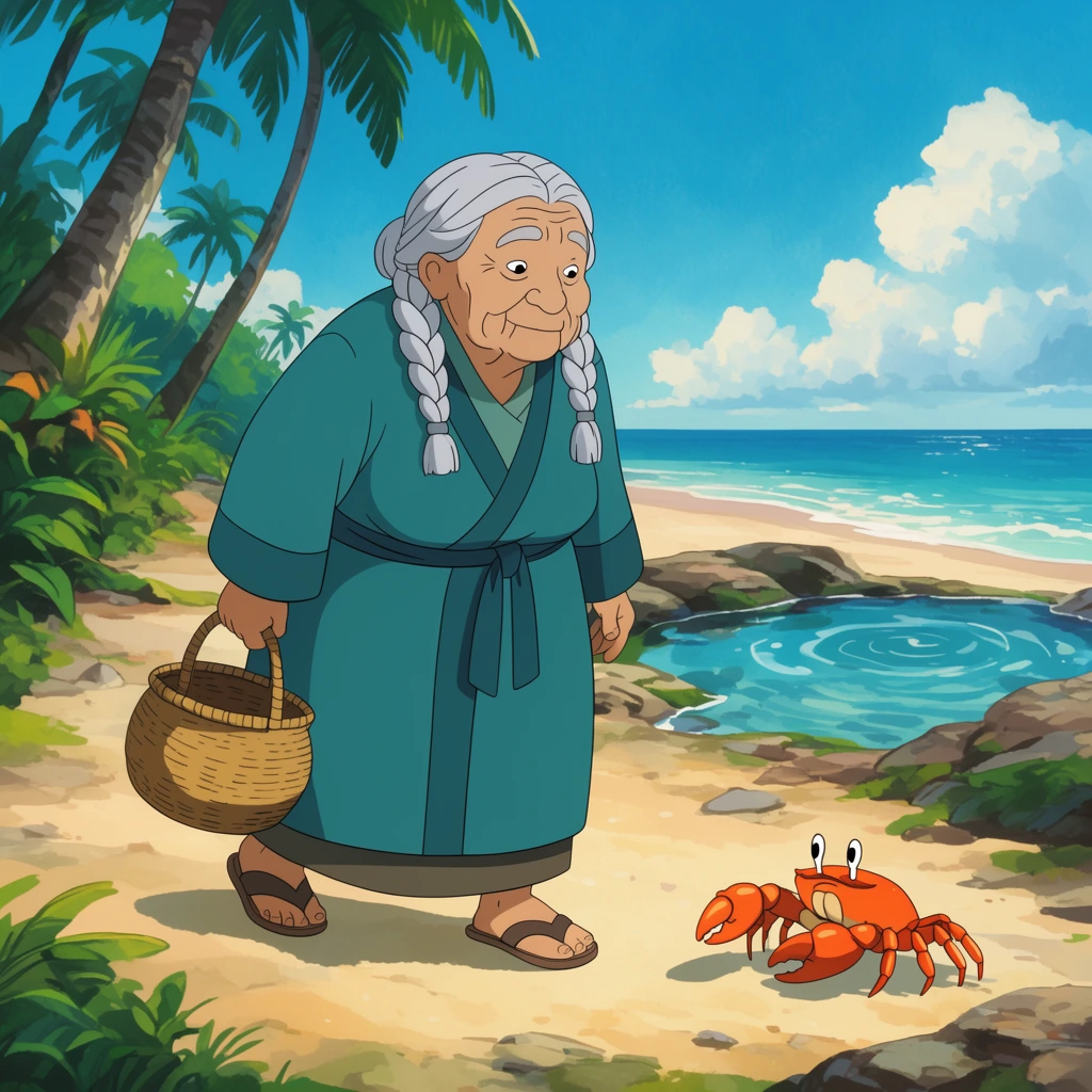 An elderly woman with silver braids and a teal robe strolls along a sandy beach carrying a woven basket. She observes a bright orange crab near a tide pool framed by lush palms in a bright 2D animated style.