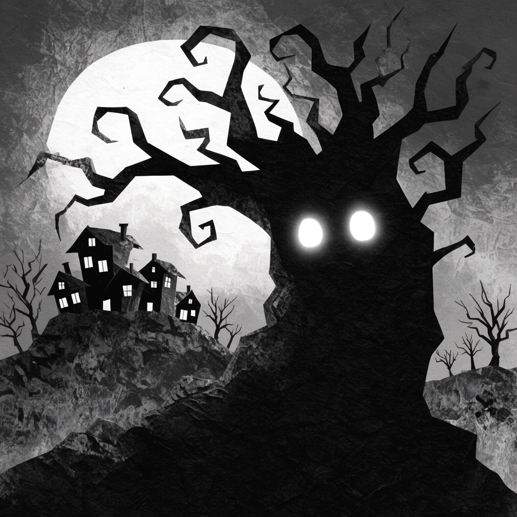 monochromatic spooky landscape illustration, massive jagged black tree silhouette with two glowing white eyes, cluster of glowing houses on a rocky hill, large full moon, barren trees, rough heavily textured shading, paper cutout aesthetic, high contrast grayscale