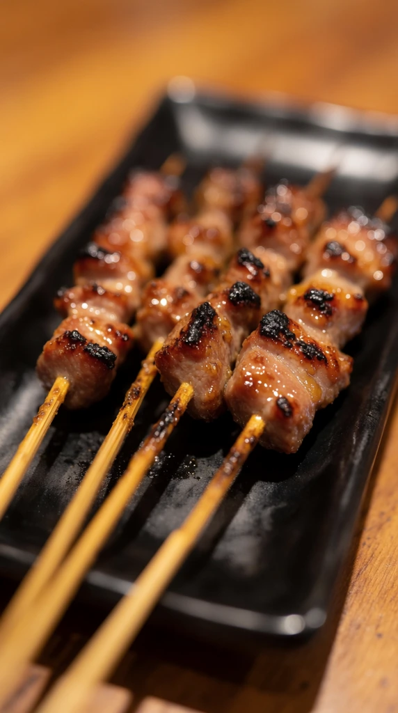 four grilled meat skewers on a rectangular black plate, wooden table, bamboo sticks angled to the bottom left, glossy glazed meat chunks with charred edges, macro food photography, extremely shallow depth of field, sharp focus on the nearest piece, soft background bokeh, warm ambient lighting