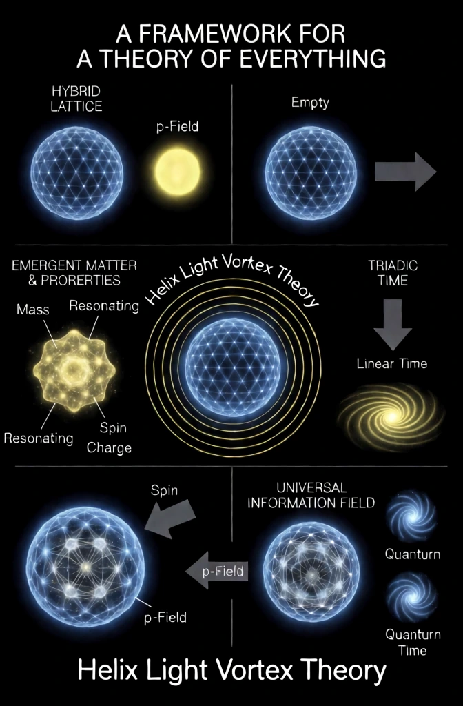 A conceptual scientific infographic titled "A FRAMEWORK FOR A THEORY OF EVERYTHING" in white, sans-serif, uppercase letters displays several blue and yellow glowing diagrams against a solid black background. The image is divided into sections by thin white horizontal and vertical lines. In the top-left quadrant, a blue glowing geodesic sphere labeled "HYBRID LATTICE" sits next to a smaller, bright yellow orb labeled "p-Field". To the right, a similar blue sphere is labeled "Empty" with a gray arrow pointing away from it towards the right. Centered in the middle is a large blue glowing lattice sphere surrounded by multiple concentric yellow rings, accompanied by the arched text "Helix Light Vortex Theory". To its left, under the heading "EMERGENT MATTER & PRORERTIES", a complex yellow glowing particle is shown with labels for "Mass", "Resonating", "Spin", and "Charge". To the right, the text "TRIADIC TIME" appears above a gray downward-pointing arrow labeled "Linear Time" and a yellow spiral vortex. The bottom section contains two blue spheres filled with intricate white internal networks; the left sphere has a gray arrow pointing toward it labeled "Spin" and "p-Field", while the right sphere sits under the heading "UNIVERSAL INFORMATION FIELD" with a gray arrow labeled "p-Field" pointing toward it from the left. Next to this final sphere are two small blue glowing spiral shapes labeled "Quanturn Time". At the very bottom, the text "Helix Light Vortex Theory" is repeated in a larger, white, sans-serif font. The diagrams utilize a high-contrast aesthetic with bright cyan and golden-yellow glows that stand out against the dark void, creating a digital or holographic appearance. All text is in a clean, white, sans-serif typeface, including the titles "A FRAMEWORK FOR A THEORY OF EVERYTHING", "HYBRID LATTICE", "p-Field", "Empty", "EMERGENT MATTER & PRORERTIES", "Mass", "Resonating", "Spin", "Charge", "Helix Light Vortex Theory", "TRIADIC TIME", "Linear Time", "UNIVERSAL INFORMATION FIELD", and "Quanturn Time".