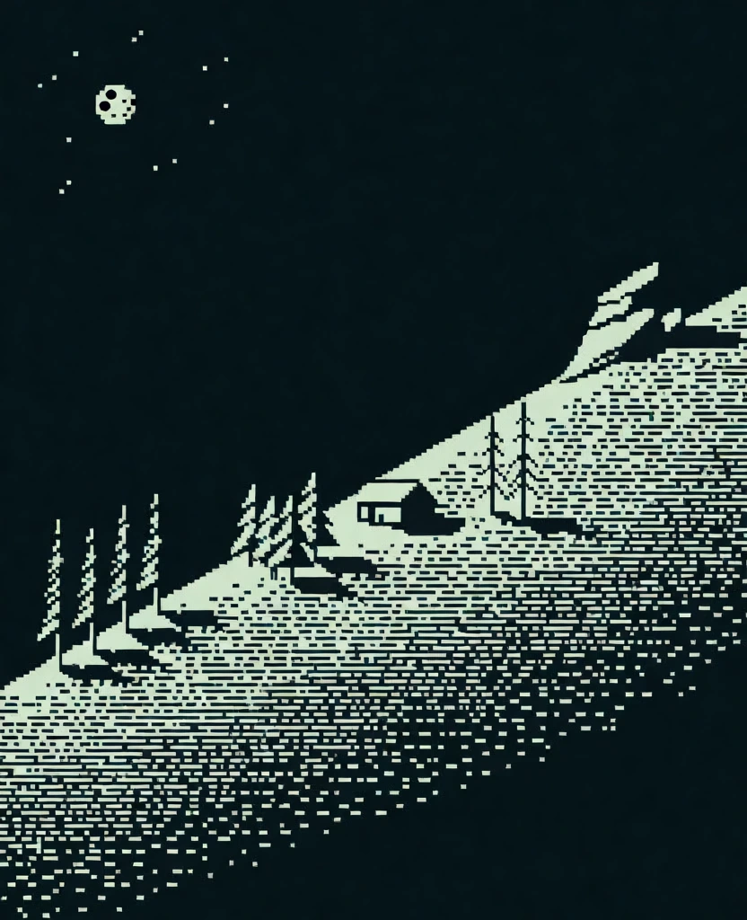 A pixel-art night landscape features a steep, diagonal hillside rising from the bottom left toward the upper right against a dark, expansive sky. The hillside is textured with horizontal, dashed lines of pale off-white pixels, suggesting a field or snowy ground. Along the slope, several clusters of simplified, blocky coniferous trees are arranged, including five tall, thin trees on the far left, a small group of four shorter, triangular evergreens in the middle, and two more spindly trees further right. A small, rectangular structure resembling a cabin sits nestled between the central tree clusters. In the upper right, a jagged, angular rock formation protrudes from the peak of the hill. The upper-left corner of the dark background contains a small, circular moon with distinct crater details, surrounded by a scattering of single-pixel stars. The entire scene is rendered in a minimalist two-color palette of dark navy and pale mint green, utilizing a retro, low-fidelity digital aesthetic with high-contrast, aliased edges and a side-on perspective.
